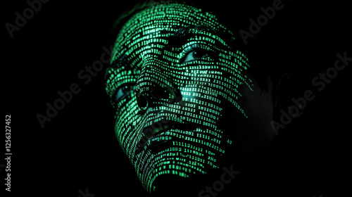 Digital Representation of Human Face Illuminated With Binary Code in a Dark Environment Expressing Technology and Data