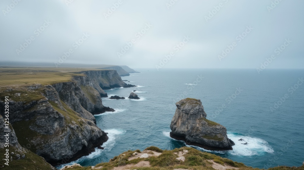 Dramatic Cliffs Overlooking Calm Ocean Under Cloudy Sky Dramatic Cliffs Overlooking Calm Ocean Under Cloudy Sky