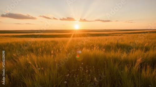 A Beautiful Sunset Over Golden Fields with Gentle Light Rays