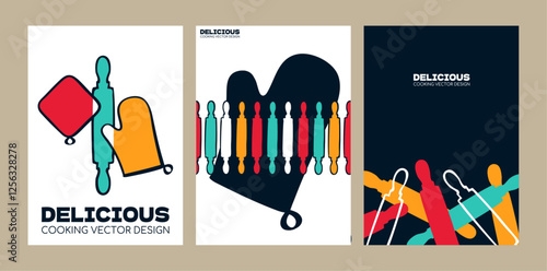 Bakery art poster set, abstract rolling pin and kitchen mitten creative design, baking colorful background vectors