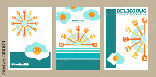 Creative cooking food art. Fried egg and spatula summer design, breakfast omelet and kitchenware sun vectors, delicious creative poster set