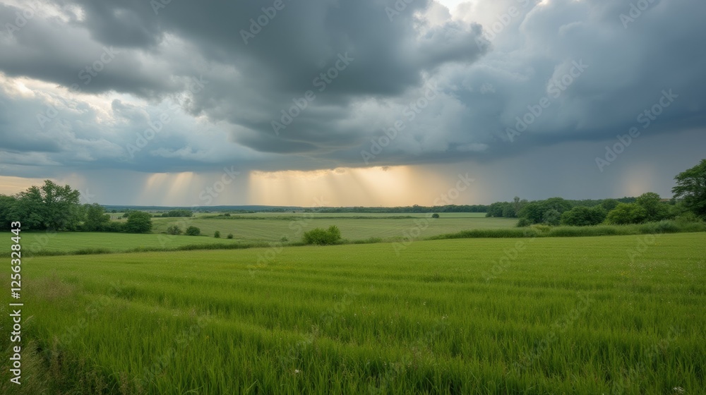 Dramatic Sky Over Green Fields With Sunlight Breaking Through Clouds Dramatic Sky Over Green Fields With Sunlight Breaking Through Clouds