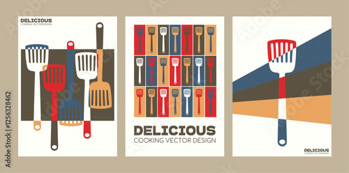 Kitchenware abstract art. Cooking spatula colorful creative poster template vector set.