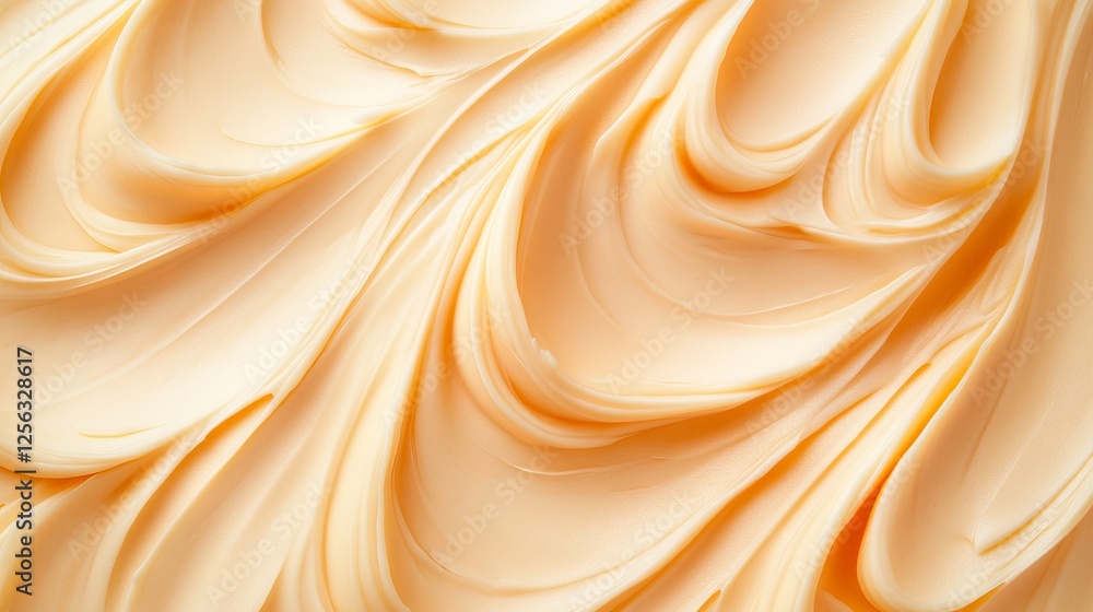 Obraz premium Creamy peanut butter forms a beautiful pattern, resembling soft waves of light orange against a white canvas.