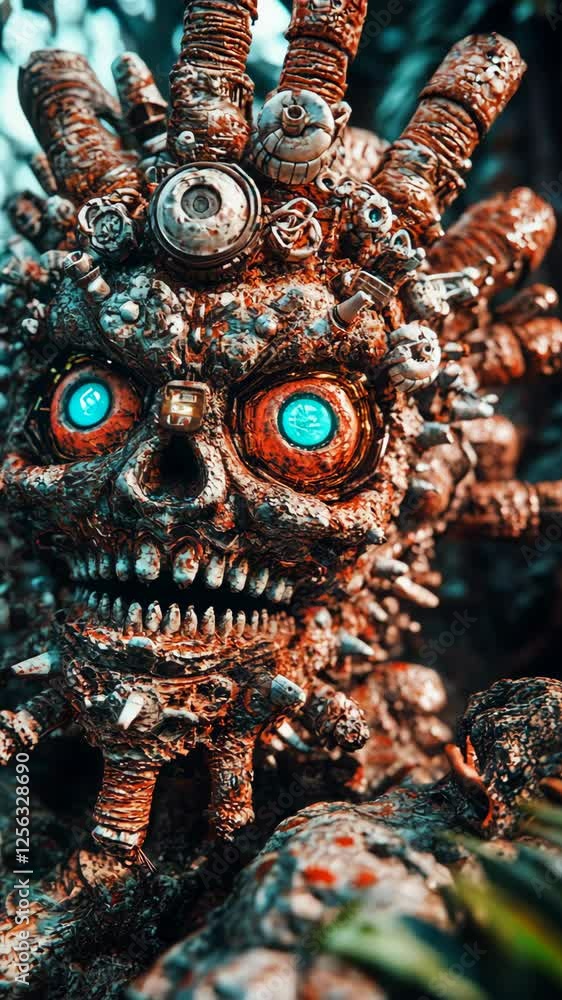 Intricate skull sculpture made of metal and gears surrounded by vibrant foliage in natural light Intricate skull sculpture made of metal and gears surrounded by vibrant foliage in natural light