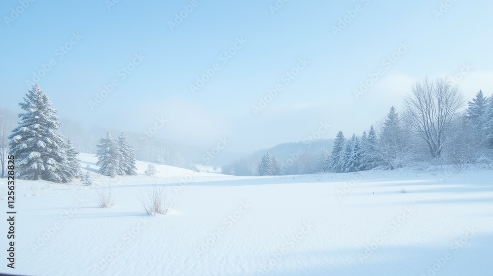 Serene Winter Landscape with Snow-Covered Trees and Shimmering Light Serene Winter Landscape with Snow-Covered Trees and Shimmering Light