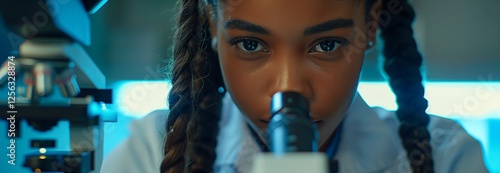 Young scientist focused on research, using a microscope in a modern lab environment. photo