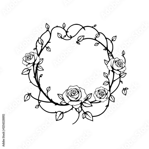 Black and white circular floral wreath, featuring roses and leaves, minimalist style.