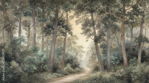 Misty Forest Path Surrounded by Tall Trees and Lush Greenery in the Early Morning Light