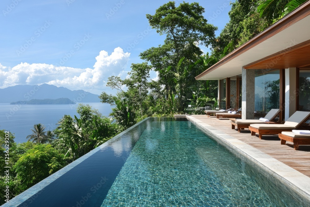 Fototapeta premium Luxurious infinity pool with breathtaking view of the ocean and mountains in a tropical paradise