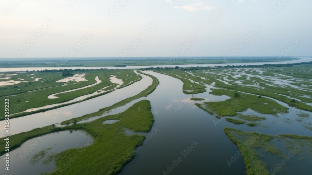 Serene Aerial View of a Meandering River and Lush Green Wetlands Serene Aerial View of a Meandering River and Lush Green Wetlands