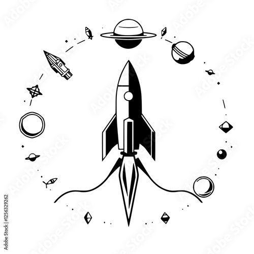 Rocket Launch to Space: Black and White Illustration with Minimalist Style and Planetary Orbit.