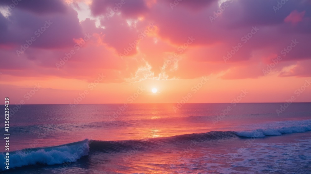 Obraz premium Serene Sunset Over Vibrant Ocean Waves Illuminated by Pink Skies