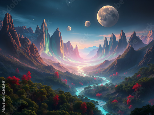 Wallpaper Mural A vibrant alien planet with glowing forests, towering crystalline mountains, and rivers of liquid light under a sky with three moons. Torontodigital.ca