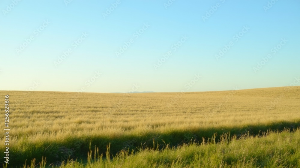 Expansive Golden Field Bathed in Soft Evening Light Under Clear Sky Expansive Golden Field Bathed in Soft Evening Light Under Clear Sky