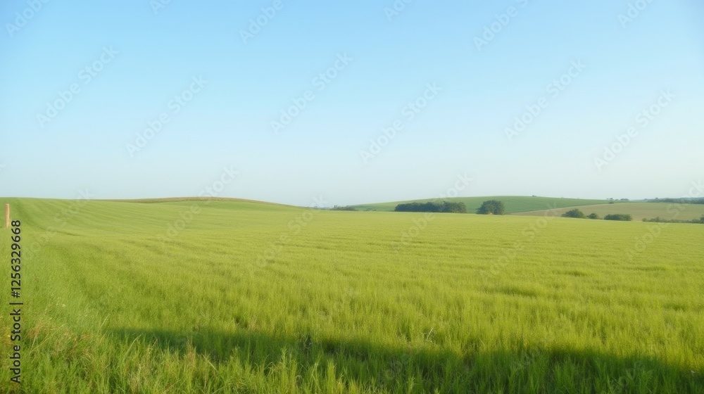 Expansive Green Field Under Clear Blue Sky in Tranquil Landscape Expansive Green Field Under Clear Blue Sky in Tranquil Landscape
