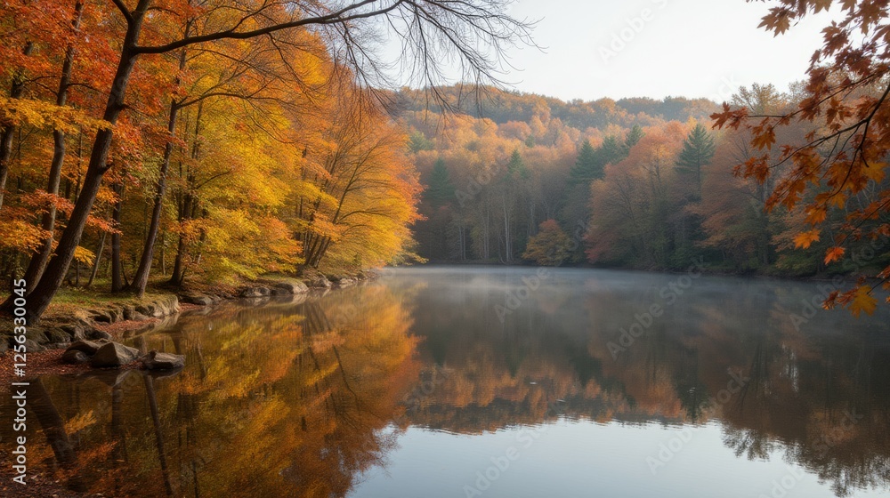 Serene Autumn Landscape with Colorful Trees and Calm Water Reflections Serene Autumn Landscape with Colorful Trees and Calm Water Reflections