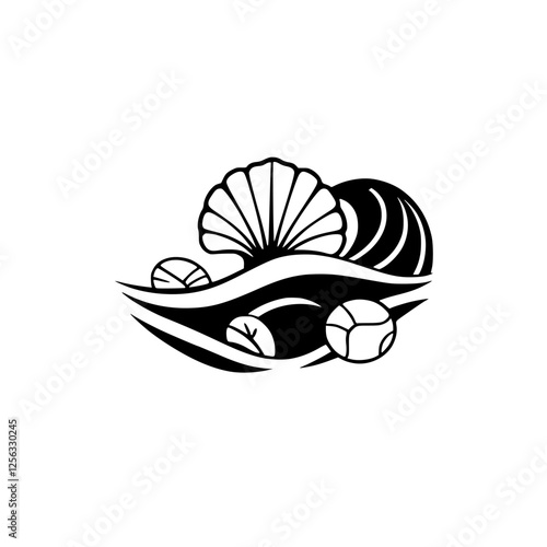 Abstract black and white stylized design featuring a scallop shell, waves, and spherical shapes, over a white background.
