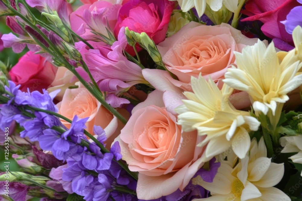 Vibrant bouquet of multicolored roses, daisies, and freesia in full bloom Vibrant bouquet of multicolored roses, daisies, and freesia in full bloom
