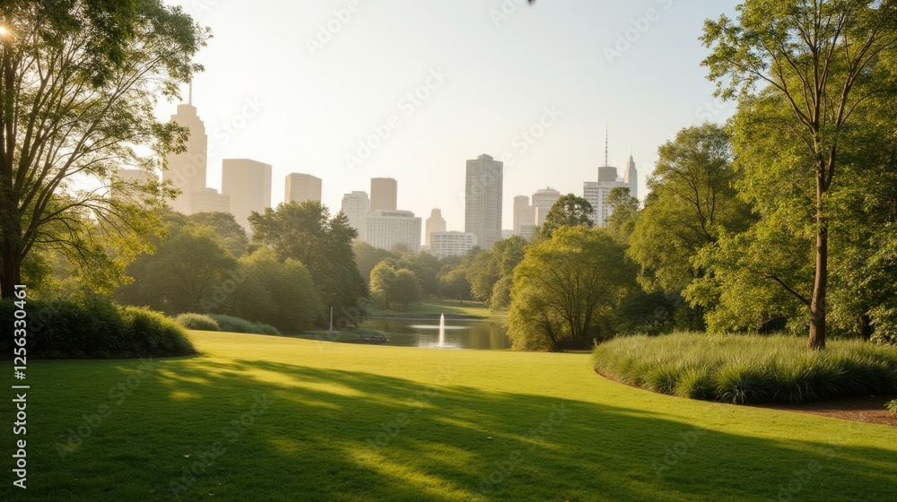 Serene Urban Park View with City Skyline and Green Landscape Serene Urban Park View with City Skyline and Green Landscape