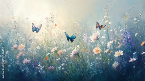 Wallpaper Mural Charming wildflowers and butterflies dance in a hazy morning meadow. Cool blues and soft light create a serene and peaceful scene. Torontodigital.ca
