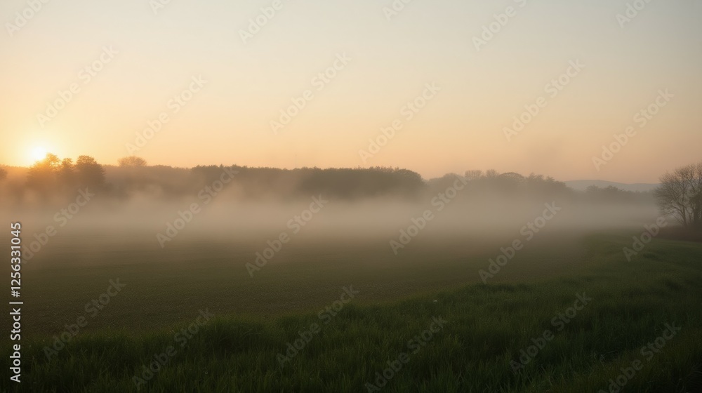 Serene Sunrise Over Misty Field with Hazy Horizon and Soft Light Serene Sunrise Over Misty Field with Hazy Horizon and Soft Light