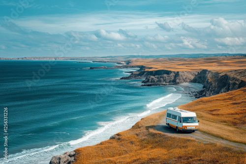 White camper van parked on a cliff overlooking the ocean during a scenic road trip along the coast photo