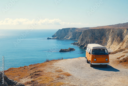 Classic orange camper van parked on a cliff overlooking the pacific ocean on a beautiful sunny day, representing freedom, adventure, and travel