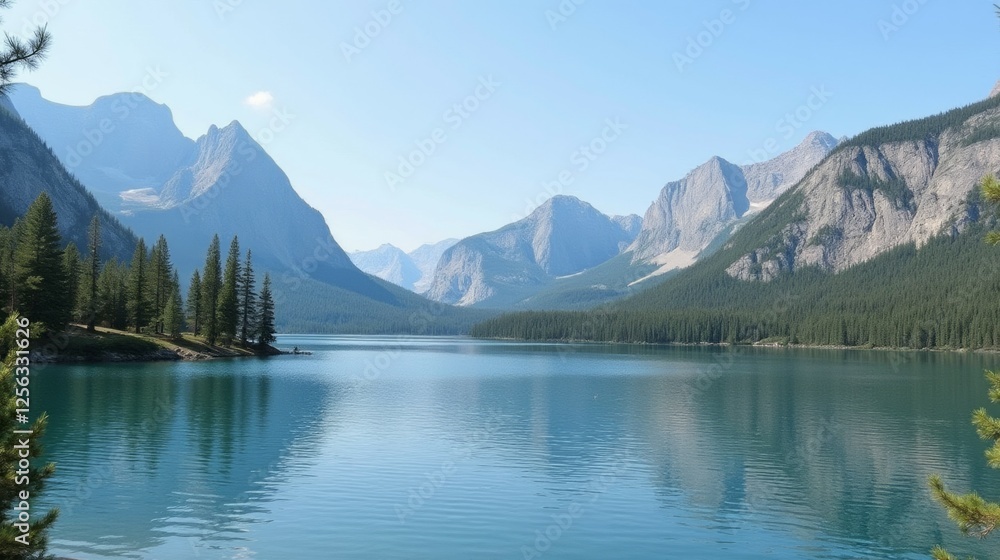 Serene Lake Surrounded by Majestic Mountains in Bright Blue Sky Serene Lake Surrounded by Majestic Mountains in Bright Blue Sky