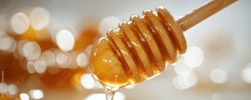 Golden honey dripping from wooden dipper against blurred bokeh background Golden honey dripping from wooden dipper against blurred bokeh background