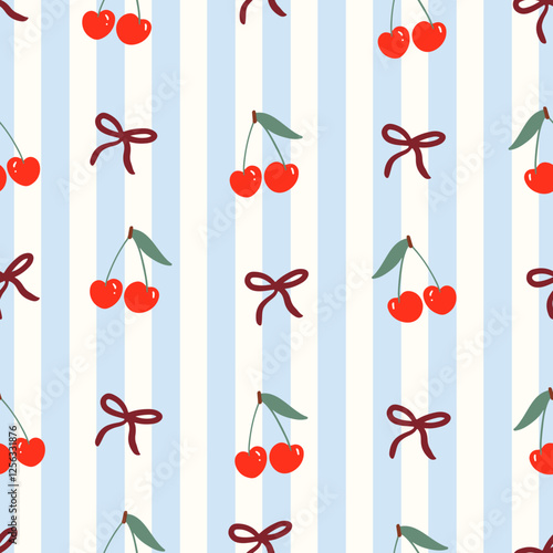 Cherries, stripes and bows vector surface pattern