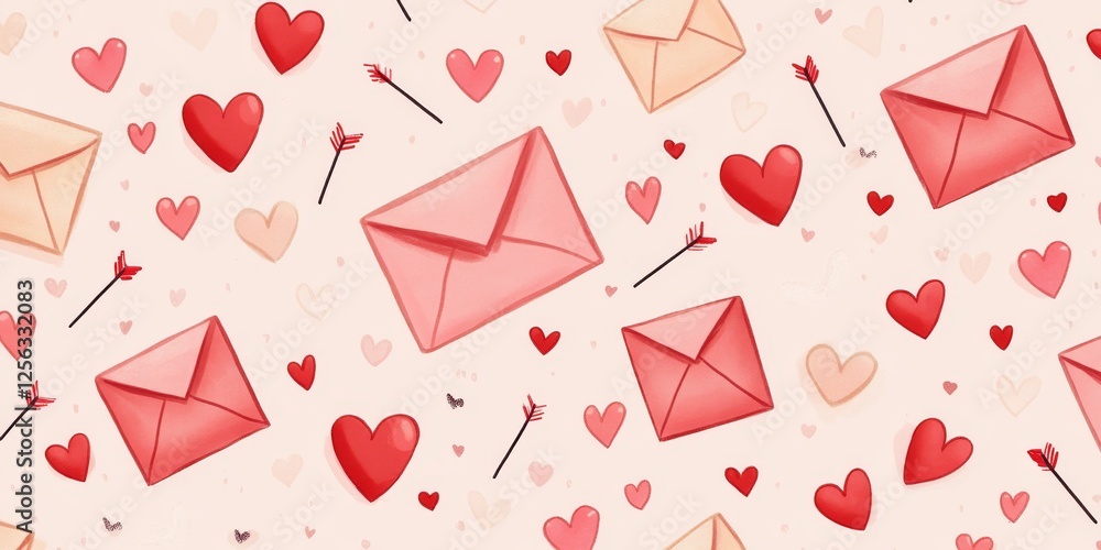 Playful Valentine’s Day-themed pattern with heart shapes, love letters, and arrows on a light pink background symbolizing affection and joy Playful Valentine’s Day-themed pattern with heart shapes, love letters, and arrows on a light pink background symbolizing affection and joy