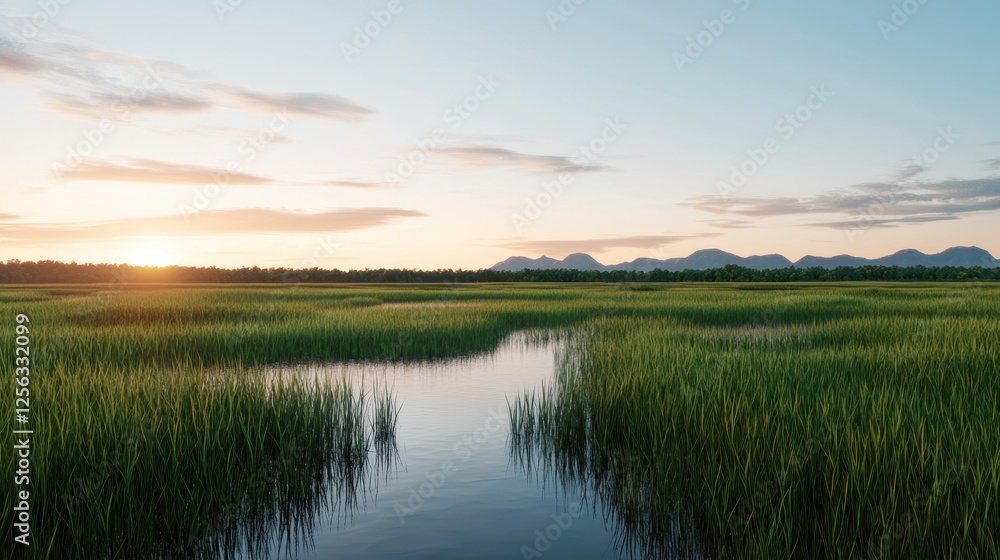 A serene landscape featuring tall grasses by a winding stream, framed by distant mountains under a clear sky at sunset. A serene landscape featuring tall grasses by a winding stream, framed by distant mountains under a clear sky at sunset.