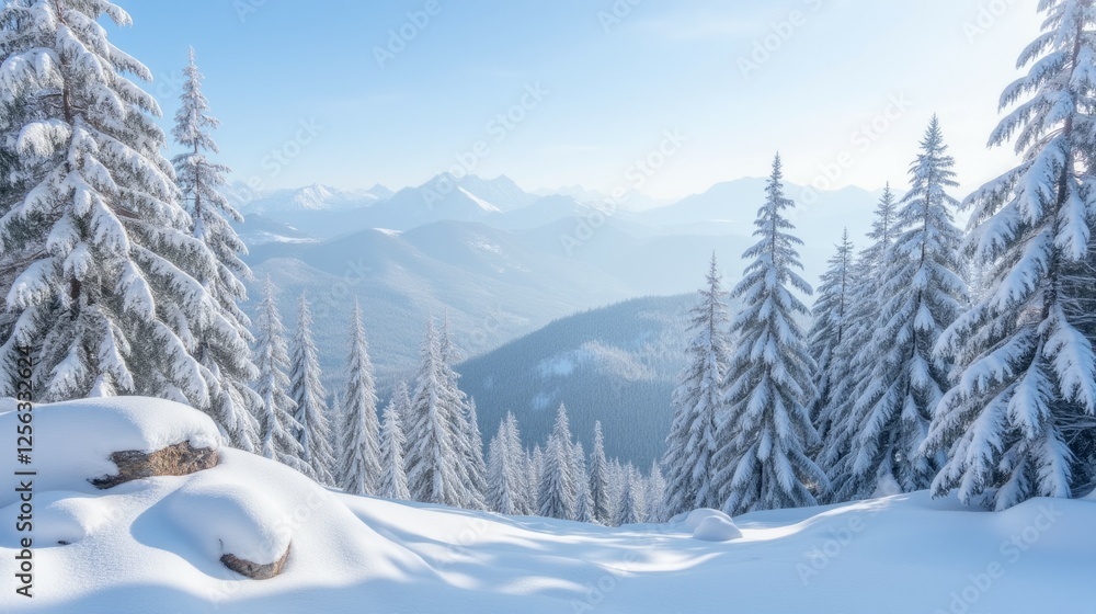 Snowy Mountain Landscape with Frost-Covered Trees in Winter Light Snowy Mountain Landscape with Frost-Covered Trees in Winter Light