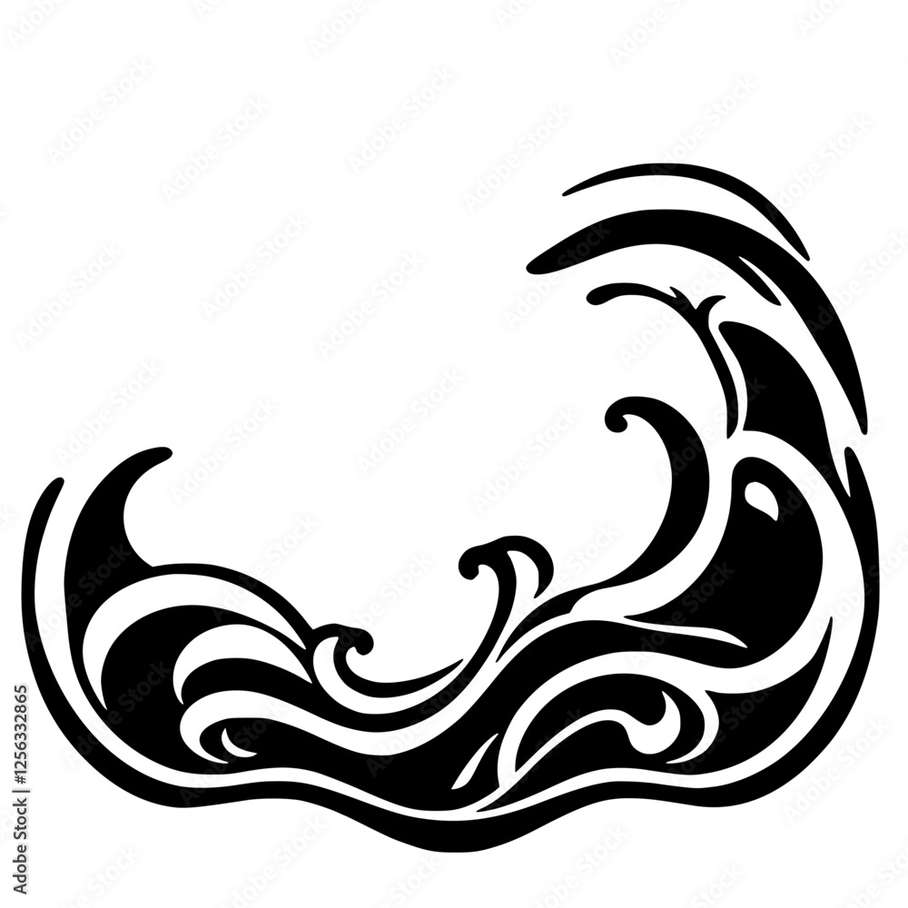 Obraz premium Black and White illustration of an ocean wave with intricate flowing details, evoking a sense of dynamic energy and graceful power.