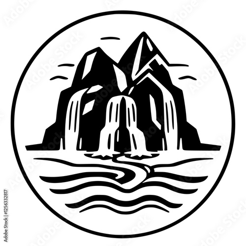 Mountain Waterfalls and Water Flows, Black and White Logo