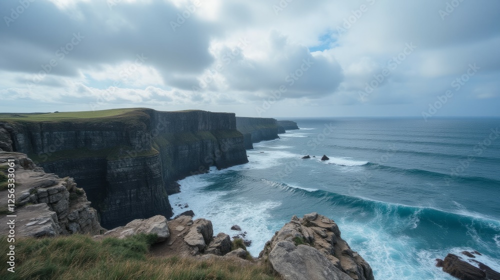 Dramatic Cliffs by Rocky Shore Under Cloudy Sky and Ocean Waves Dramatic Cliffs by Rocky Shore Under Cloudy Sky and Ocean Waves