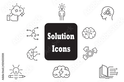 Solutions and innovations thin line icon vector set.  Icons containing problem solving, light bulb, idea, strategy, creativity, innovation, meeting, teamwork, management, puzzle, creative etc.