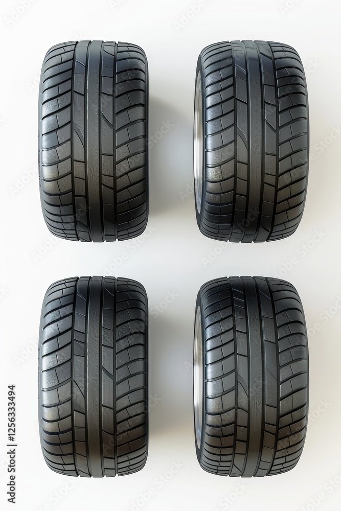 Modern Car Tire Set Showcasing Tread Design and Sidewall Details for Automotive Marketing Modern Car Tire Set Showcasing Tread Design and Sidewall Details for Automotive Marketing