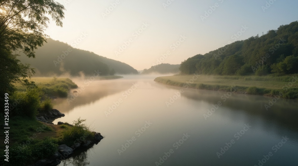 Serene River Landscape at Dawn with Mist and Lush Green Hills Serene River Landscape at Dawn with Mist and Lush Green Hills