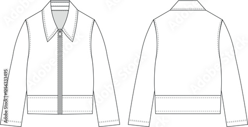 collared zippered long sleeve loose slouchy short jacket coat leather template technical drawing flat sketch cad mockup fashion woman man unisex design style model 
