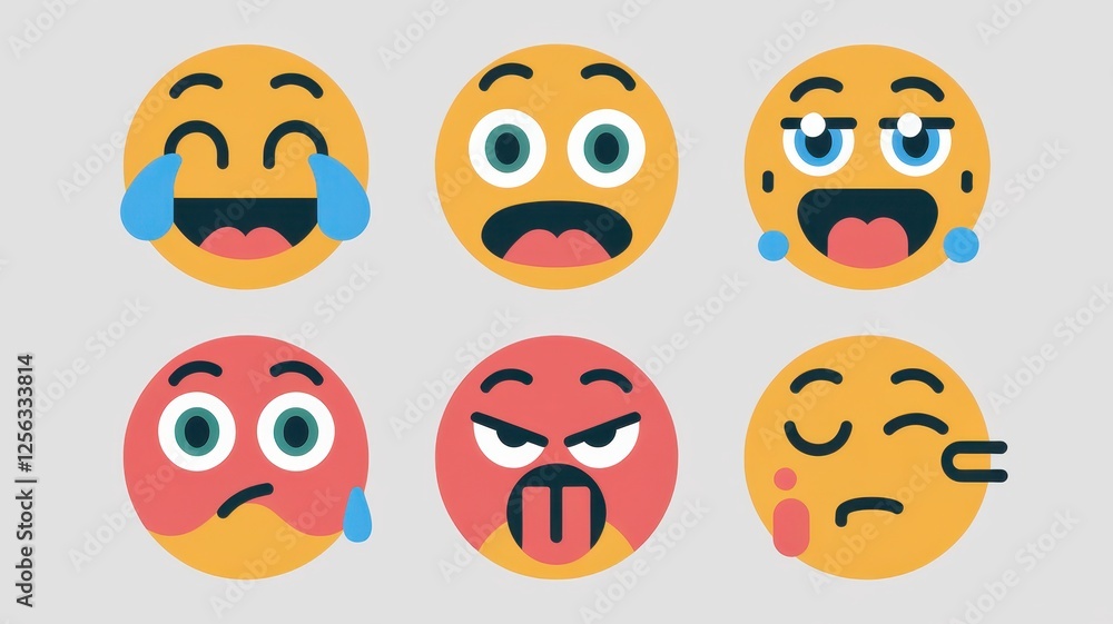 Vibrant collection of six expressive emoji, showcasing a range of emotions including joy, surprise, sadness, anger, and indifference. Vibrant collection of six expressive emoji, showcasing a range of emotions including joy, surprise, sadness, anger, and indifference.
