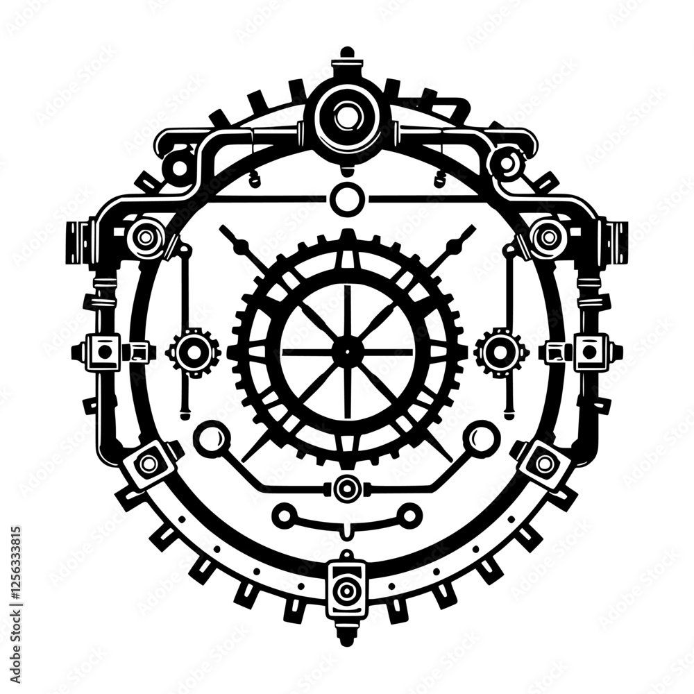 Fototapeta premium Steampunk-esque geometric clockwork structure rendered in monochrome, full view, with intricate details and a minimalist aesthetic.