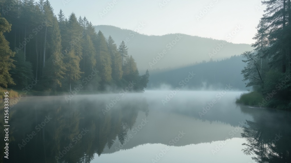 Serene Misty Lake Surrounded by Lush Green Forest at Dawn Serene Misty Lake Surrounded by Lush Green Forest at Dawn