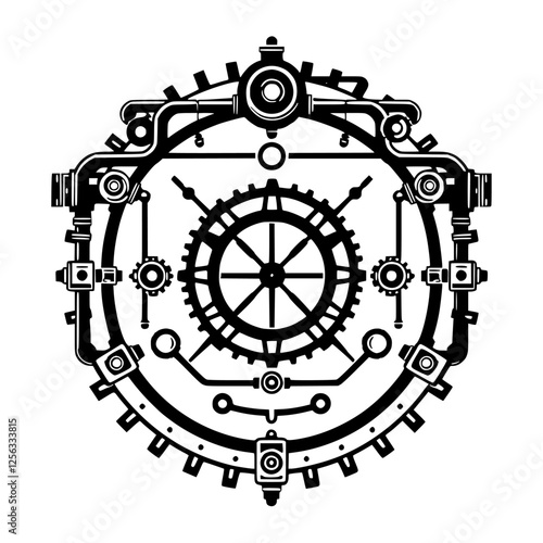 Steampunk-esque geometric clockwork structure rendered in monochrome, full view, with intricate details and a minimalist aesthetic.