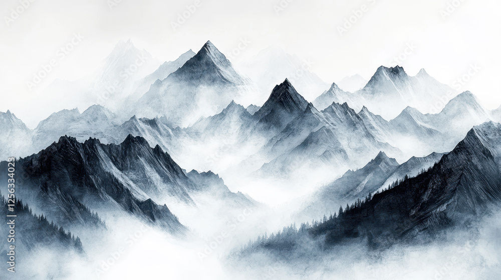 Fototapeta premium Mountain Landscape With Mist Under a Cloudy Sky Creates a Serene Atmosphere in Nature During the Early Morning Hours