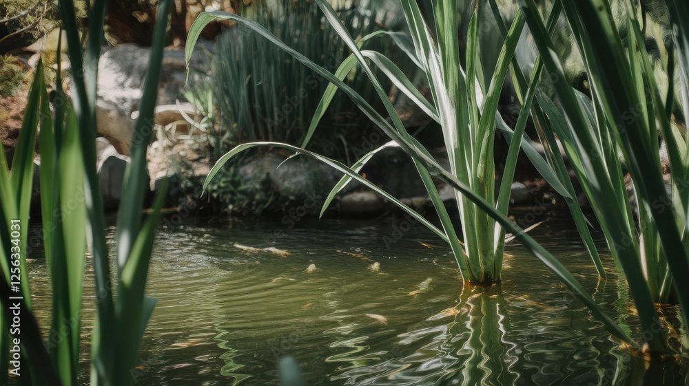 Lush green reeds gracefully rise from a tranquil pond, reflecting the serene atmosphere of nature in this peaceful outdoor setting. Lush green reeds gracefully rise from a tranquil pond, reflecting the serene atmosphere of nature in this peaceful outdoor setting.