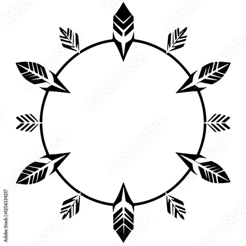 Circular Black and White Design with Feathers, Arrowheads, and a White Background.