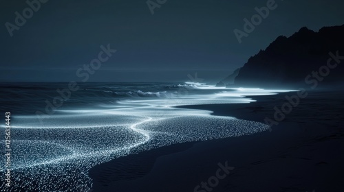 Digital illustration of a seascape at night. the sky is dark blue and the horizon is visible in the distance. the water is a deep blue-green color and the waves are crashing onto the shore. photo