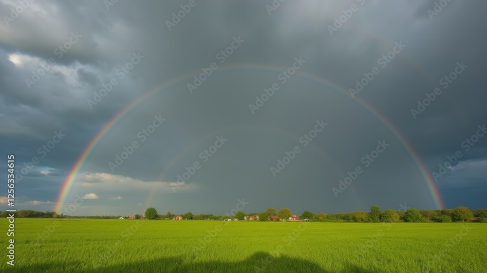 Majestic Rainbow Arching Over Lush Green Rice Fields Under Clouds Majestic Rainbow Arching Over Lush Green Rice Fields Under Clouds